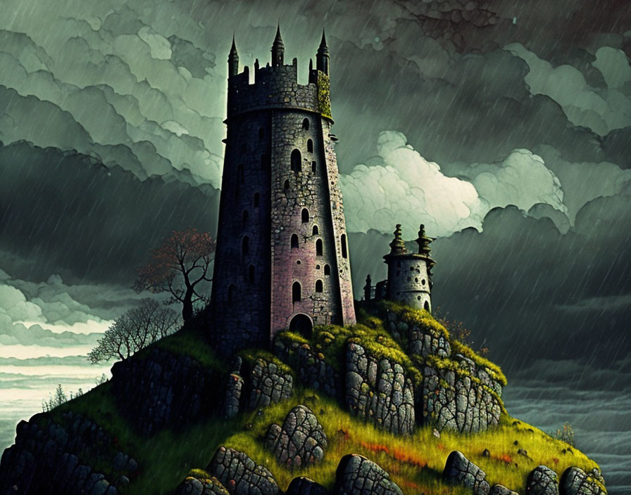 Stone castle on grassy hill in stormy rain.