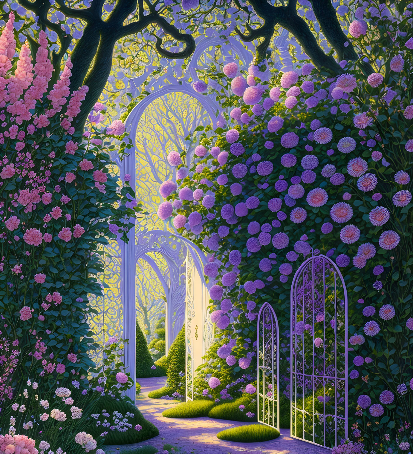 Lush garden with pink and purple flowers and white archways at twilight