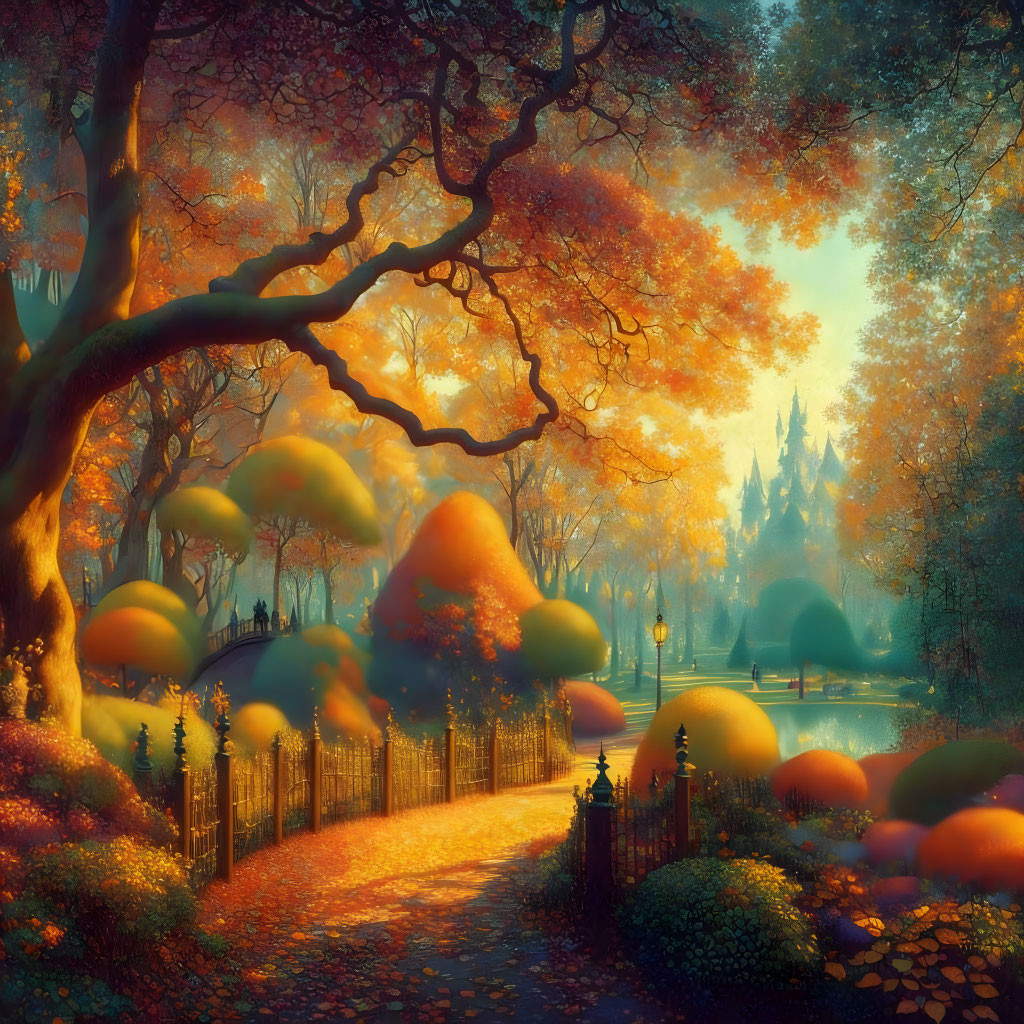 Tranquil autumn garden with orange leaves, winding path, rounded bushes, and distant castle