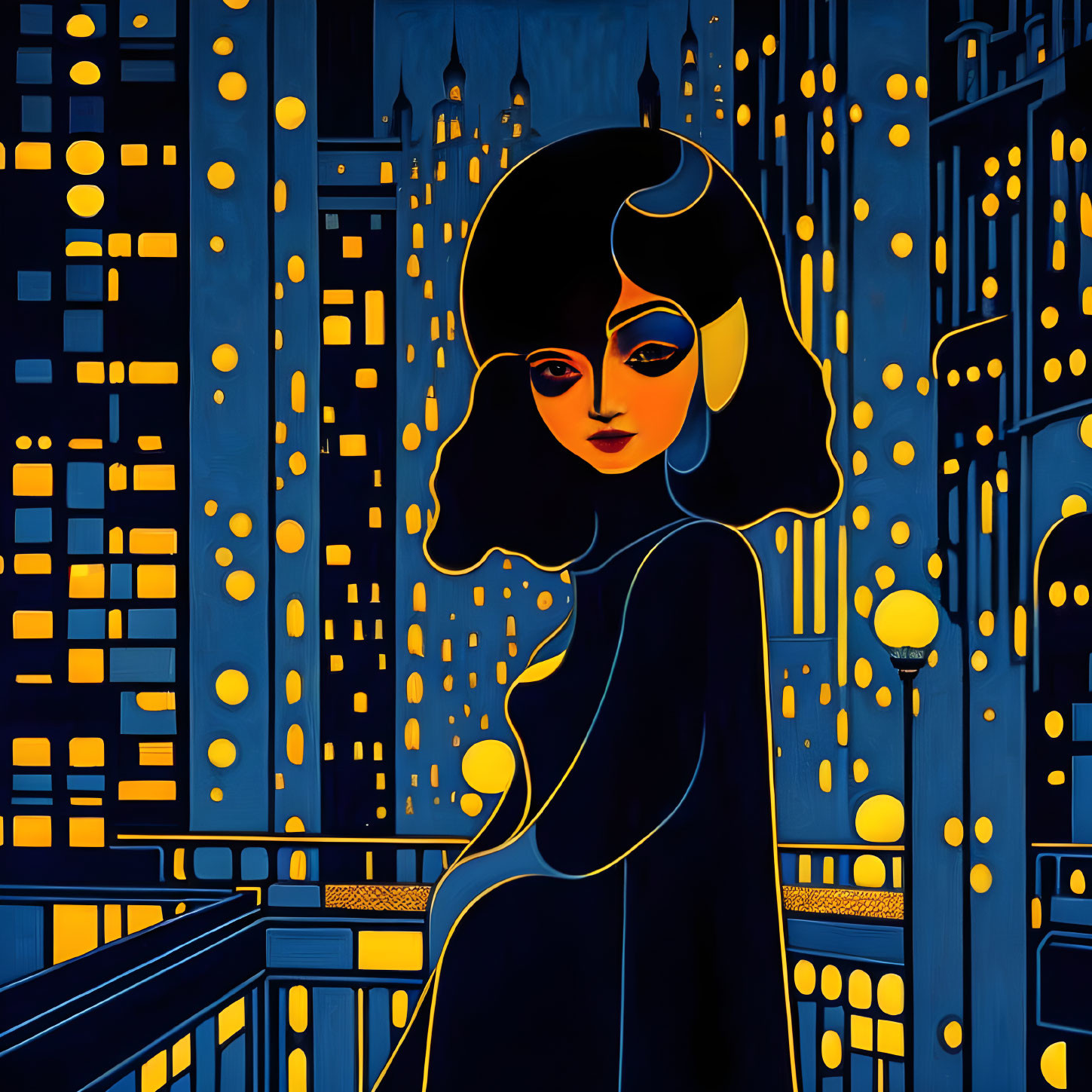 Stylized illustration of woman with black hair on balcony in blue and gold cityscape