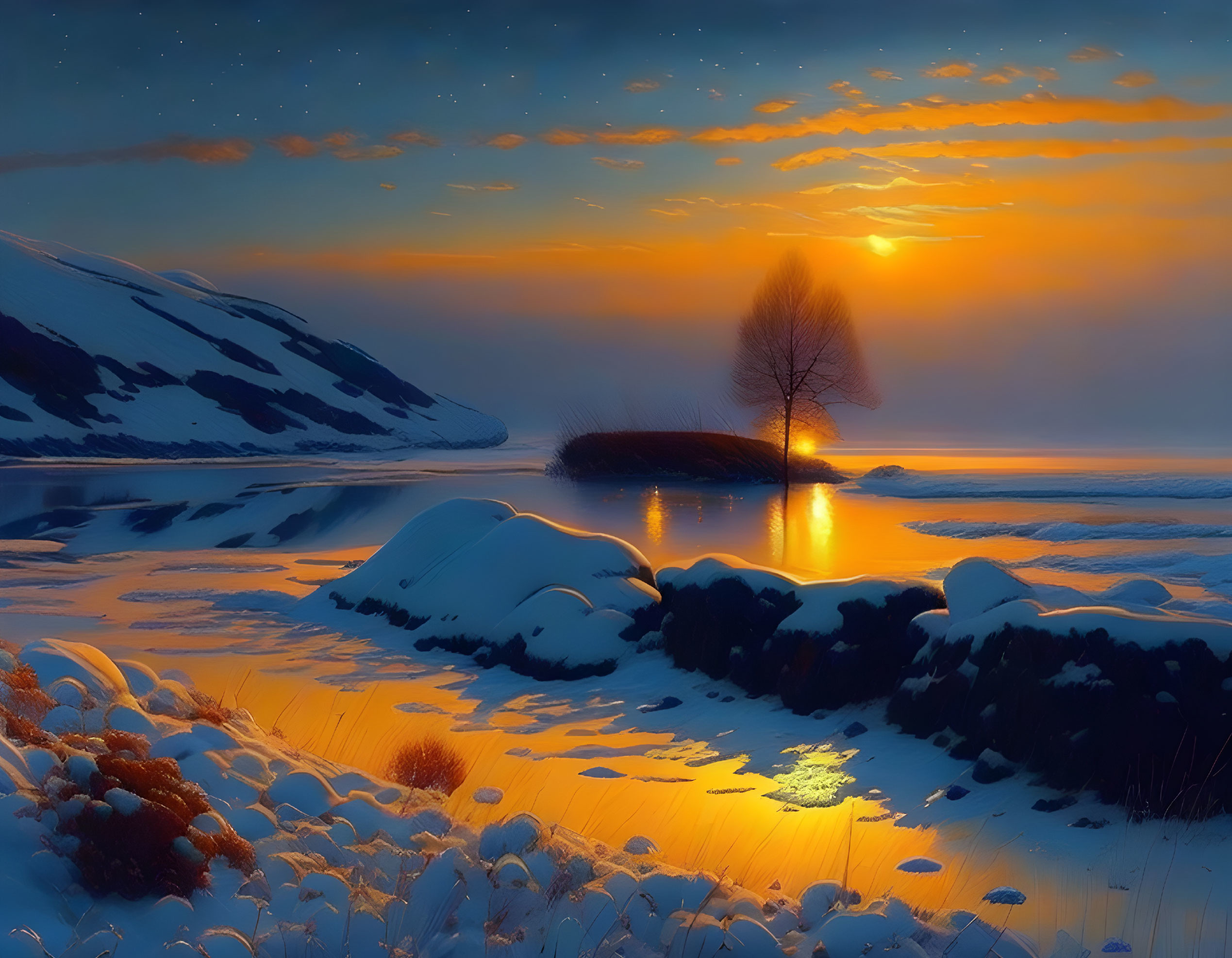 Snowy Winter Sunset Landscape with Icy Lake and Silhouetted Tree