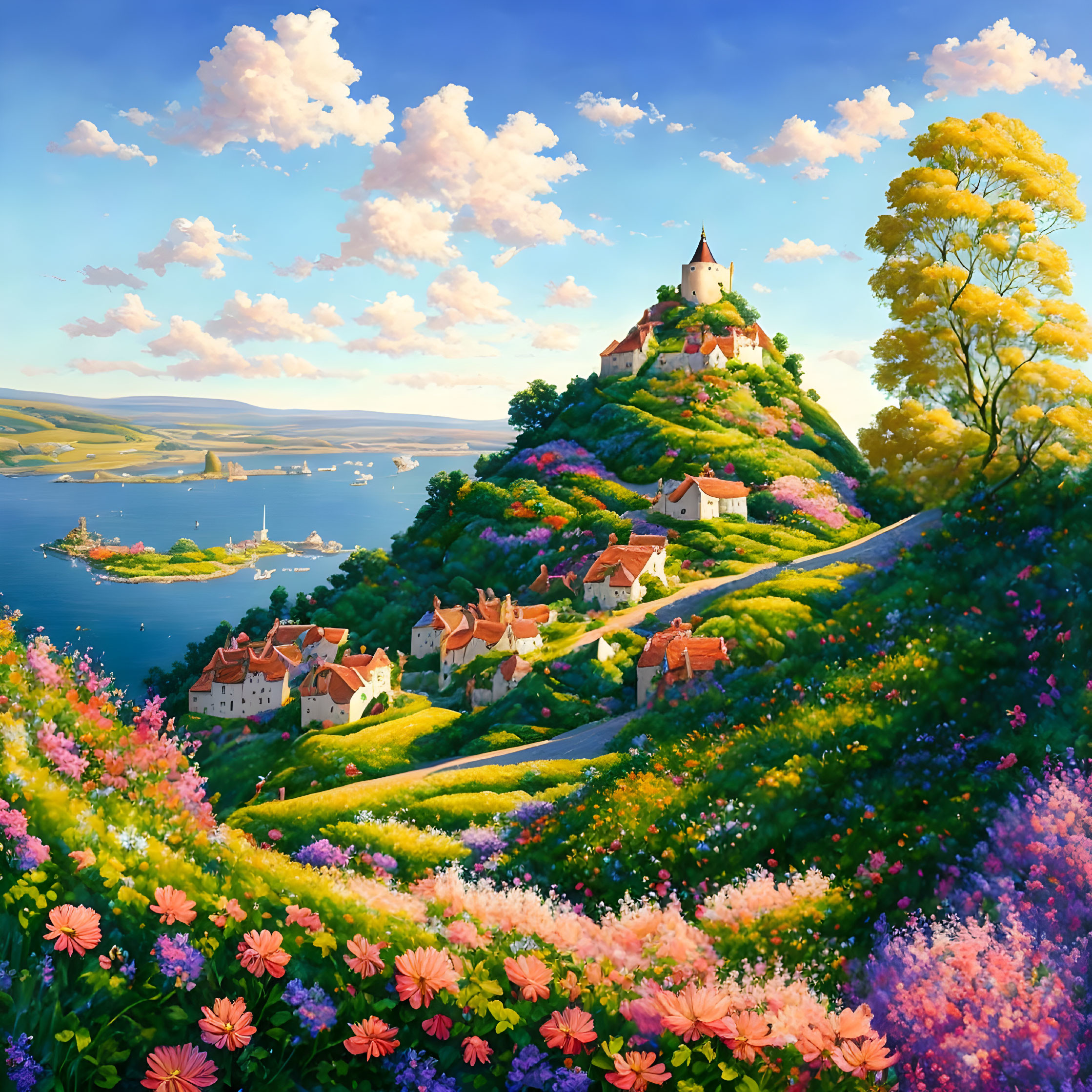 Scenic hilltop village with castle, lush greenery, flowers, and bay view