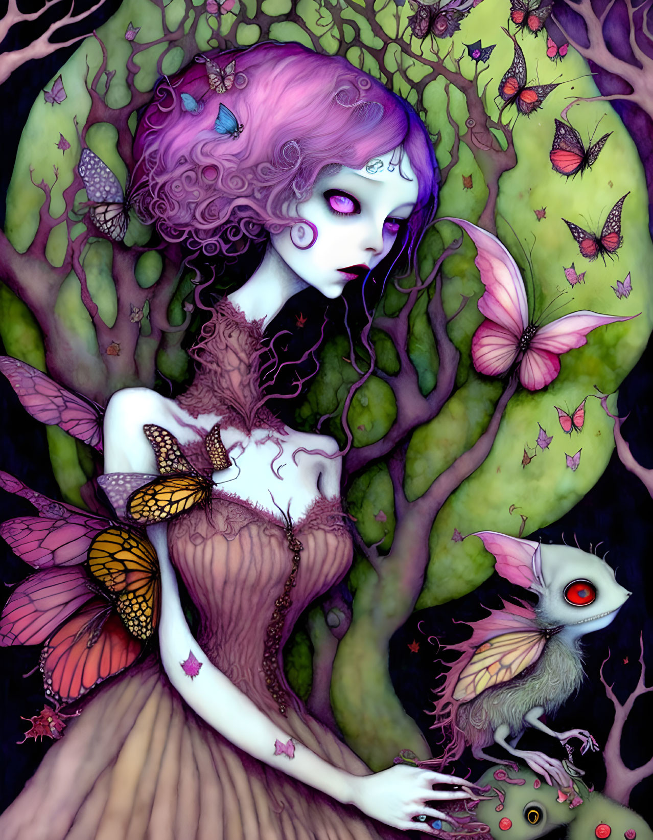 Fantasy female figure with purple hair and butterfly wings