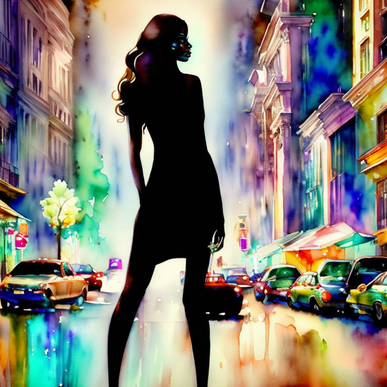 Colorful Watercolor Cityscape Night Scene with Woman Silhouette Holding Flower