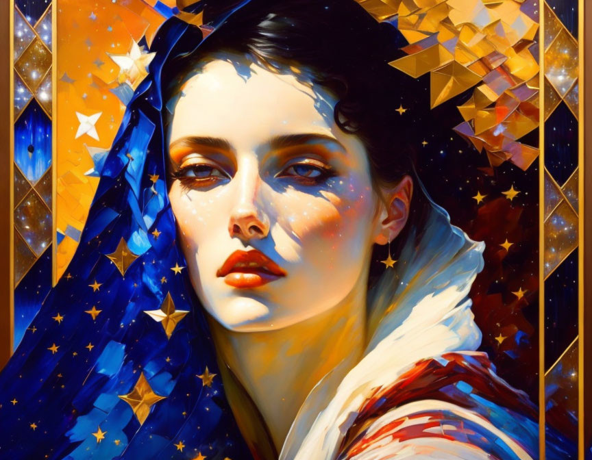 Colorful cosmic-themed painting of a woman with gold, blue, and red tones