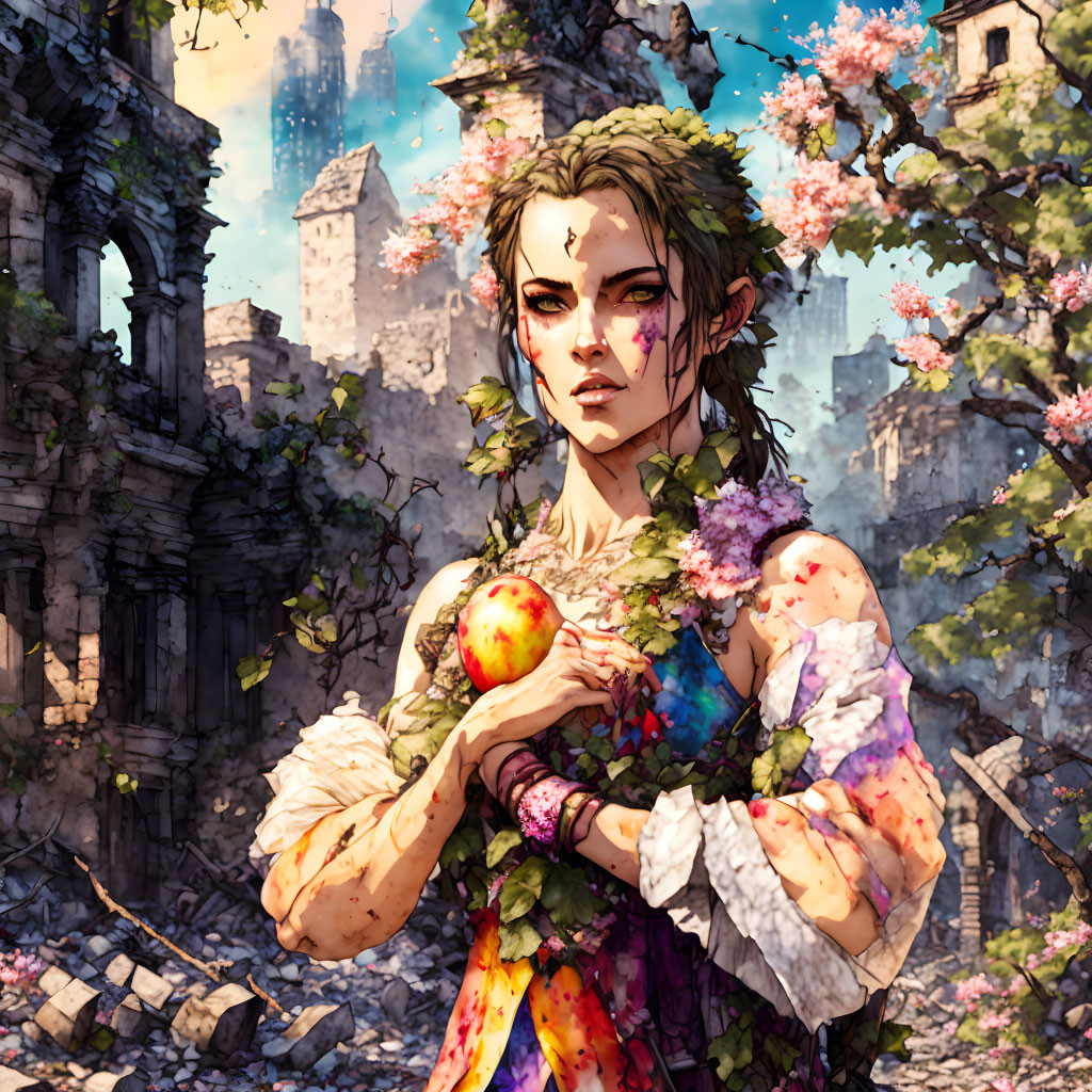 Digital artwork: Woman holding apple in ruins with cherry blossoms