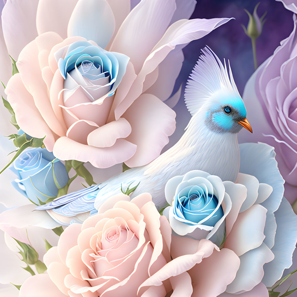 Fantastical white bird with blue head among pastel roses.