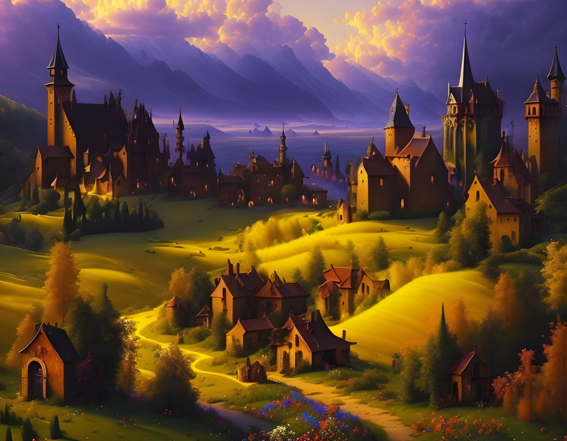 Fantasy landscape with castles, mountains, meadows, and warm sunset light