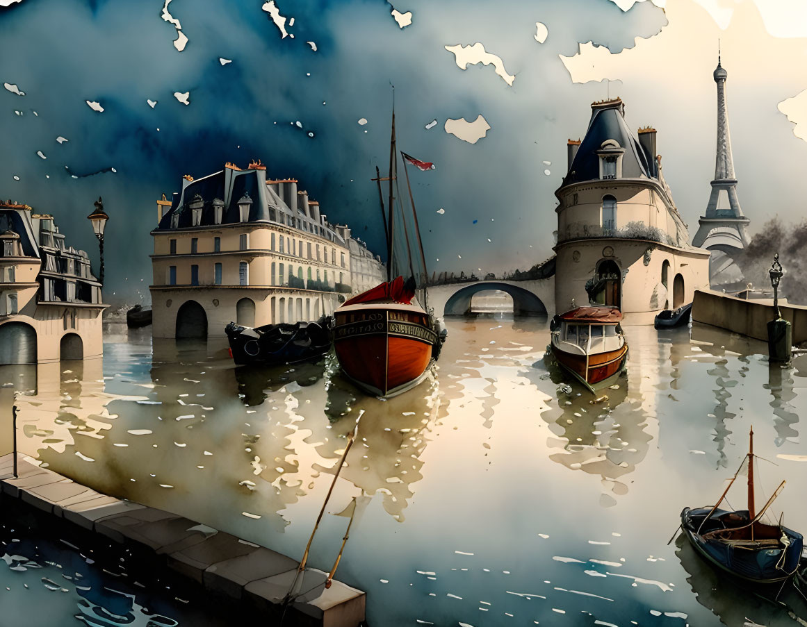 Scene by Seine River: Boats, Eiffel Tower, Parisian buildings under dramatic sky