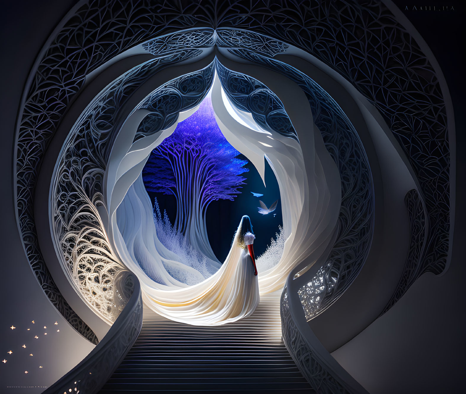 Person in red cloak climbs staircase to illuminated tree in ornate structure