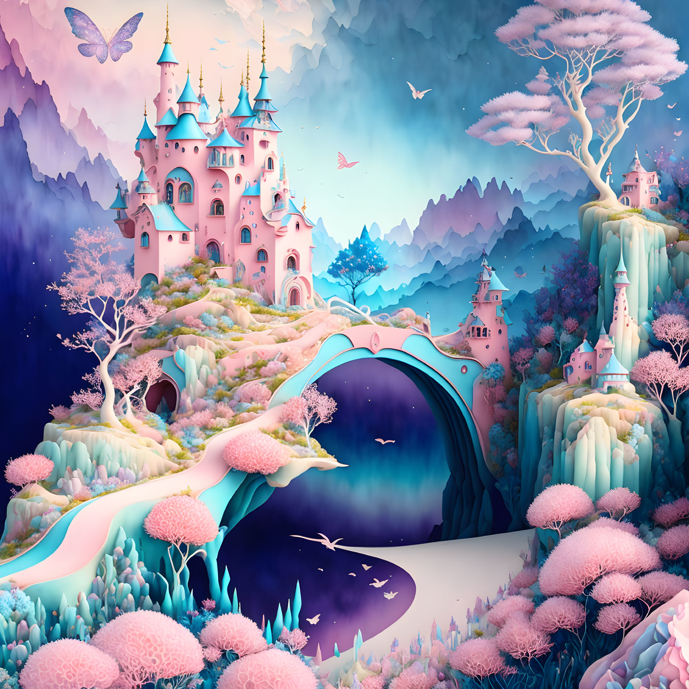 Pastel-colored landscape with fairy-tale castle, arched bridges, trees, and flying birds