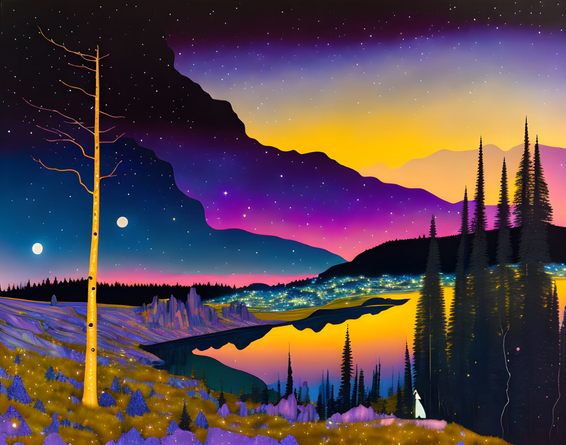 Twilight landscape with starry skies, sunset hues, lone tree, reflective lake, mountains, silhouette