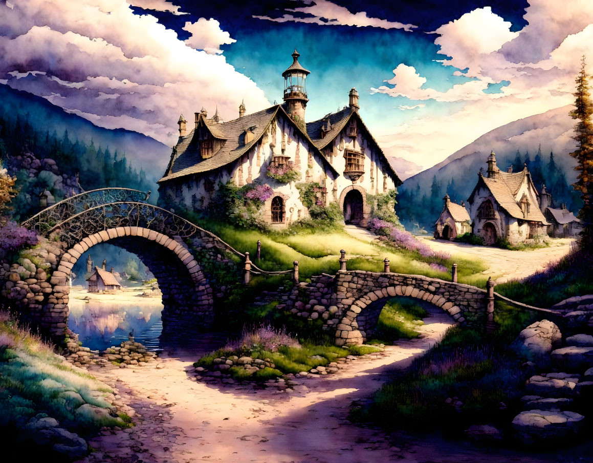 Tranquil fantasy landscape: stone cottage, river, arched bridge, lush greenery, purple