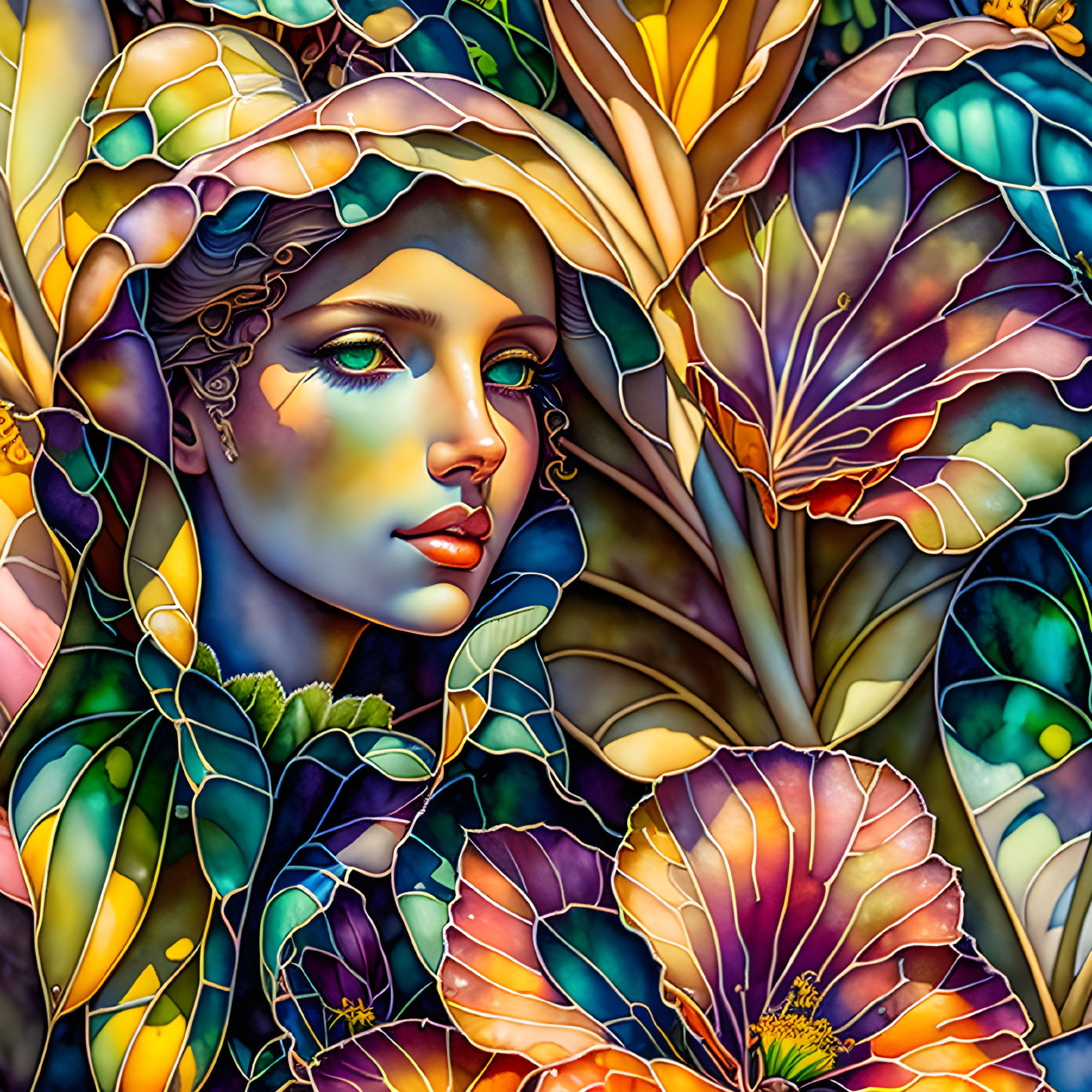 Colorful Stained-Glass Style Woman's Face Surrounded by Leaves