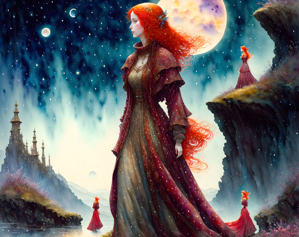 Red-haired woman in purple dress under starry sky with moonscape and castle.