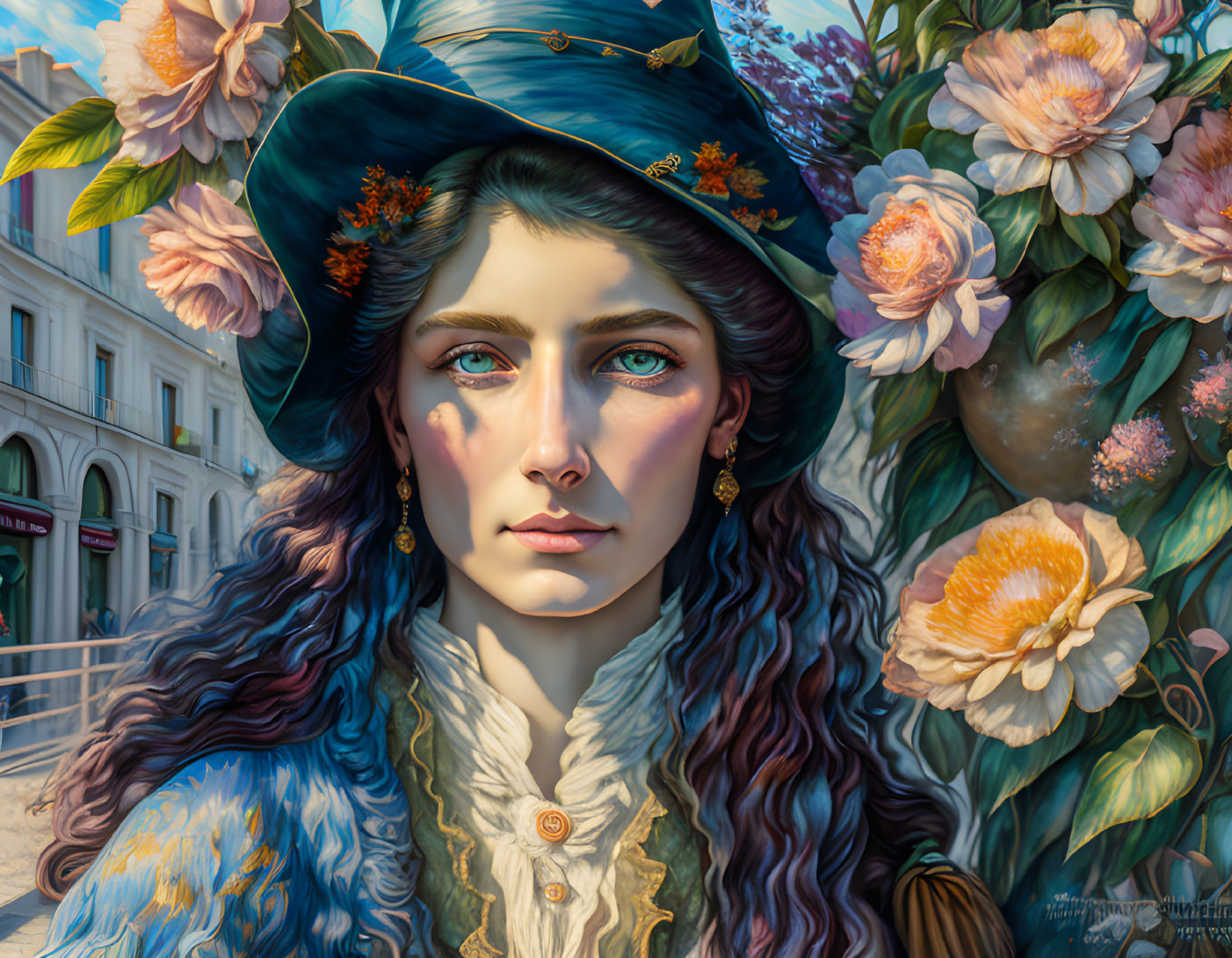 Digital painting of person with blue eyes, curly hair, blue hat, ornate jacket, vibrant flowers