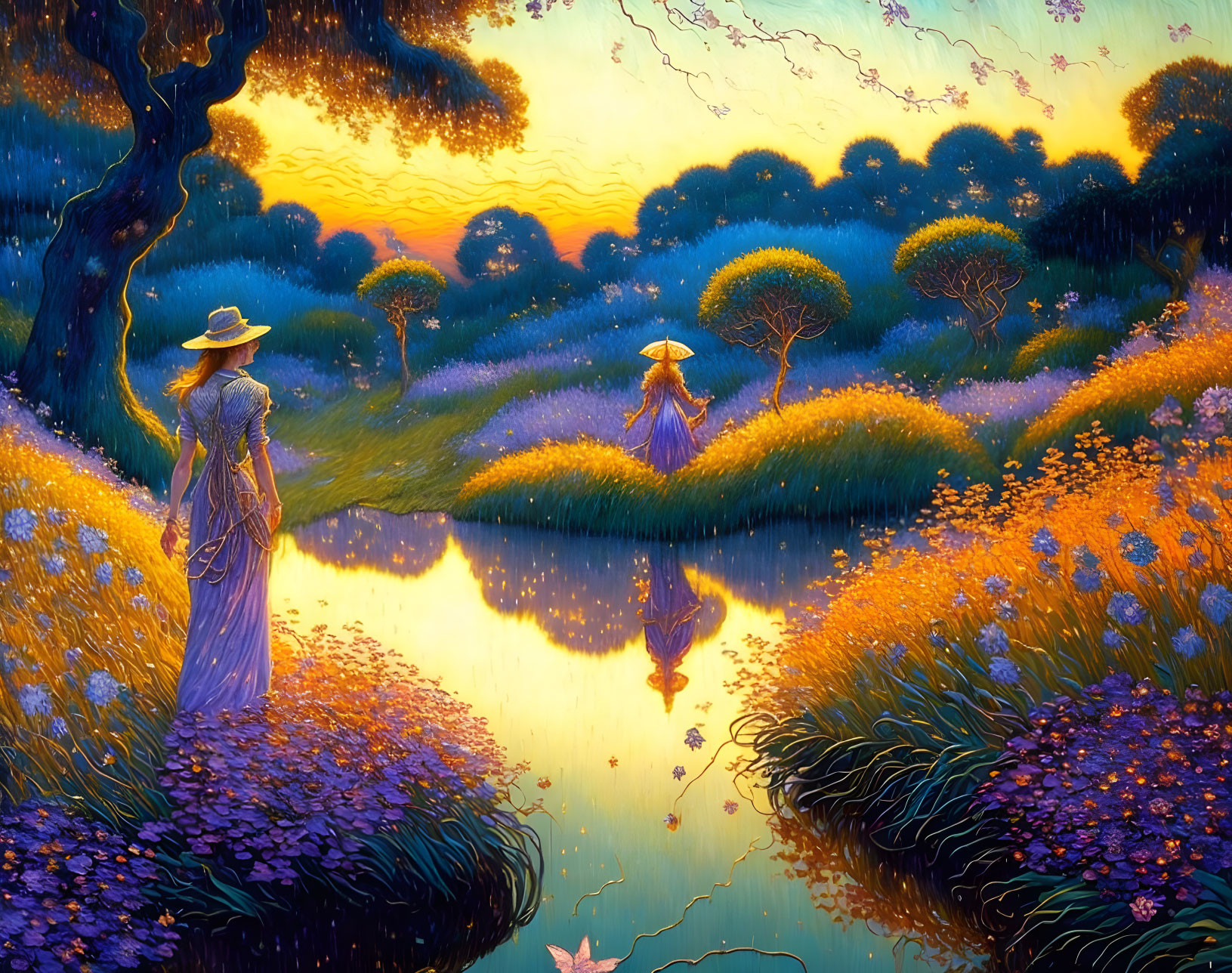 Two Hat-Wearing Figures by Reflective River at Colorful Sunset