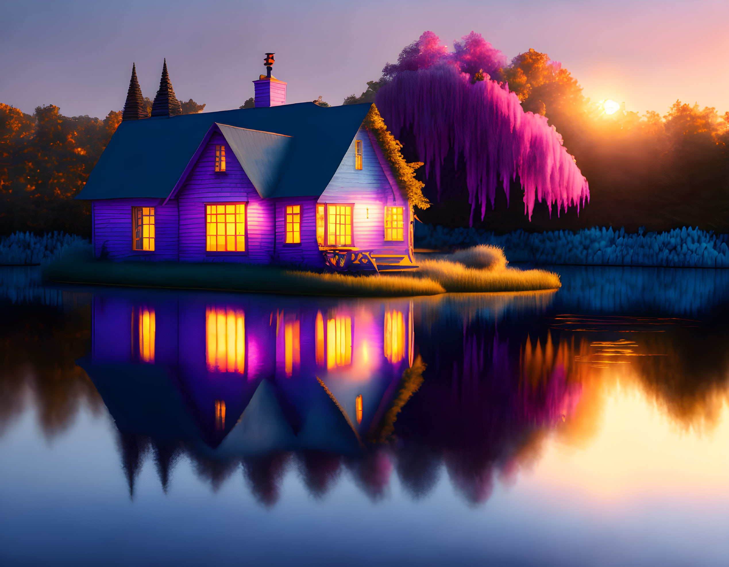 Purple-Illuminated House Reflecting on Calm Lake at Sunset