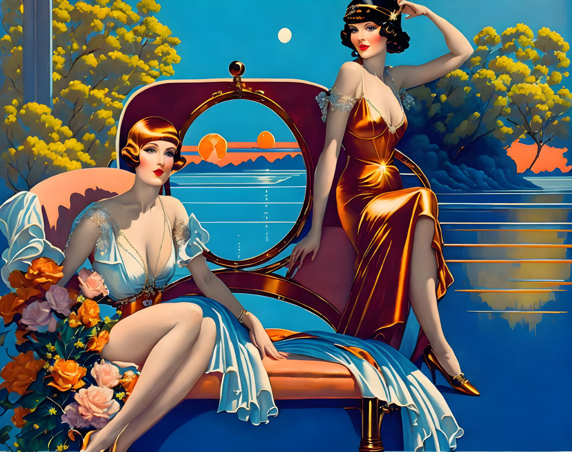 1920s-style women posing by ornate car in moonlit lake scene