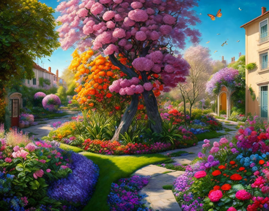 Colorful blooming tree in vibrant garden with flowers, path, and butterflies