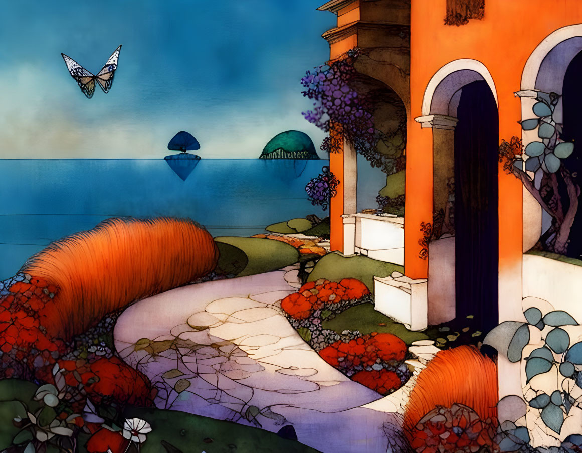 Vibrant landscape with orange building, winding path, flora, sea, islands, and butterfly