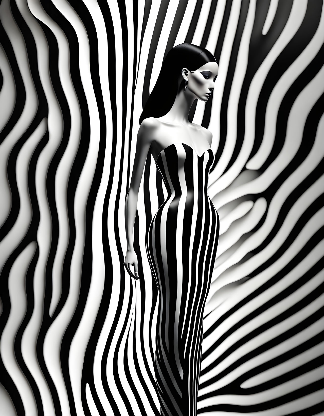 Monochrome image of stylized woman blending into wavy lines