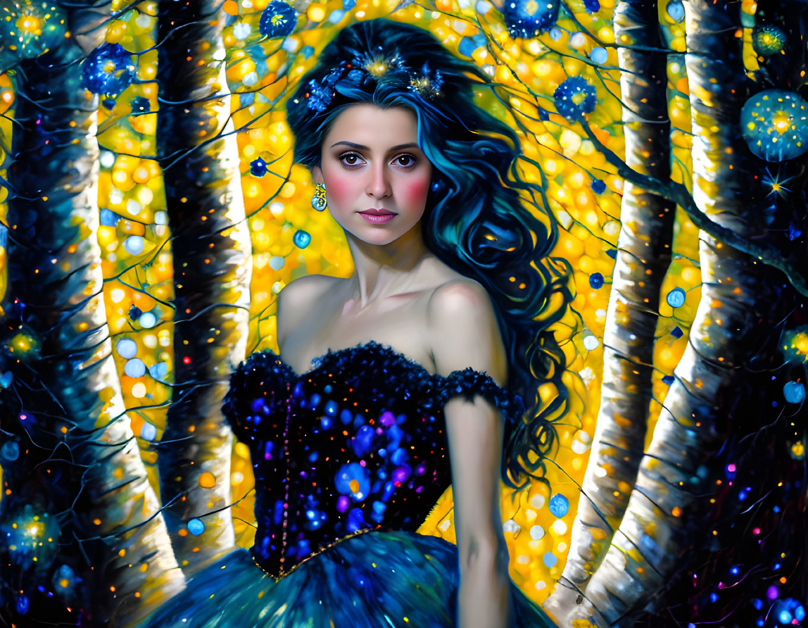 Dark-haired woman in blue starry dress amidst luminous trees in digital art portrait