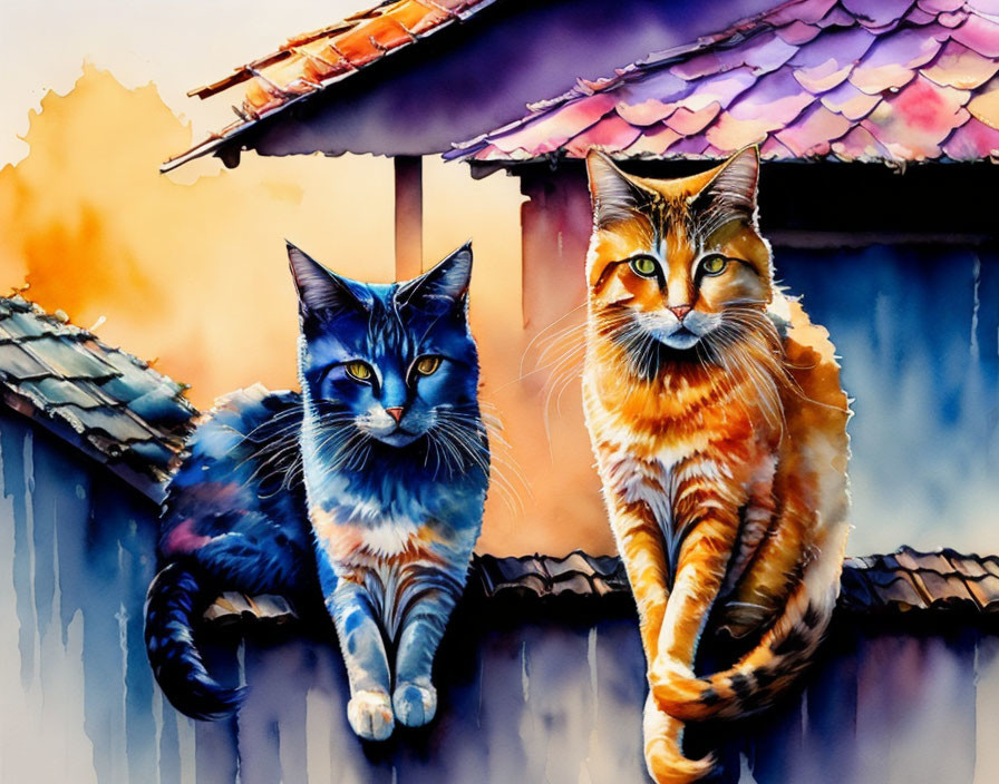 Vibrantly colored blue and orange cats on tiled roof with watercolor background