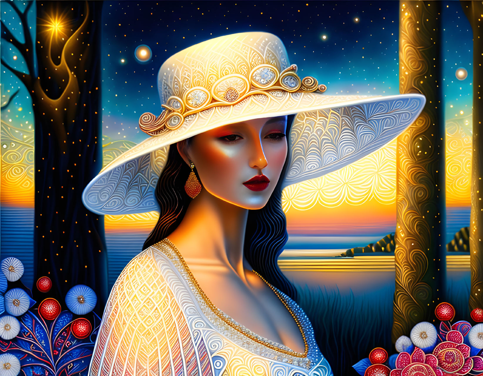 Illustrated woman in wide-brimmed hat with elegant attire against colorful night backdrop