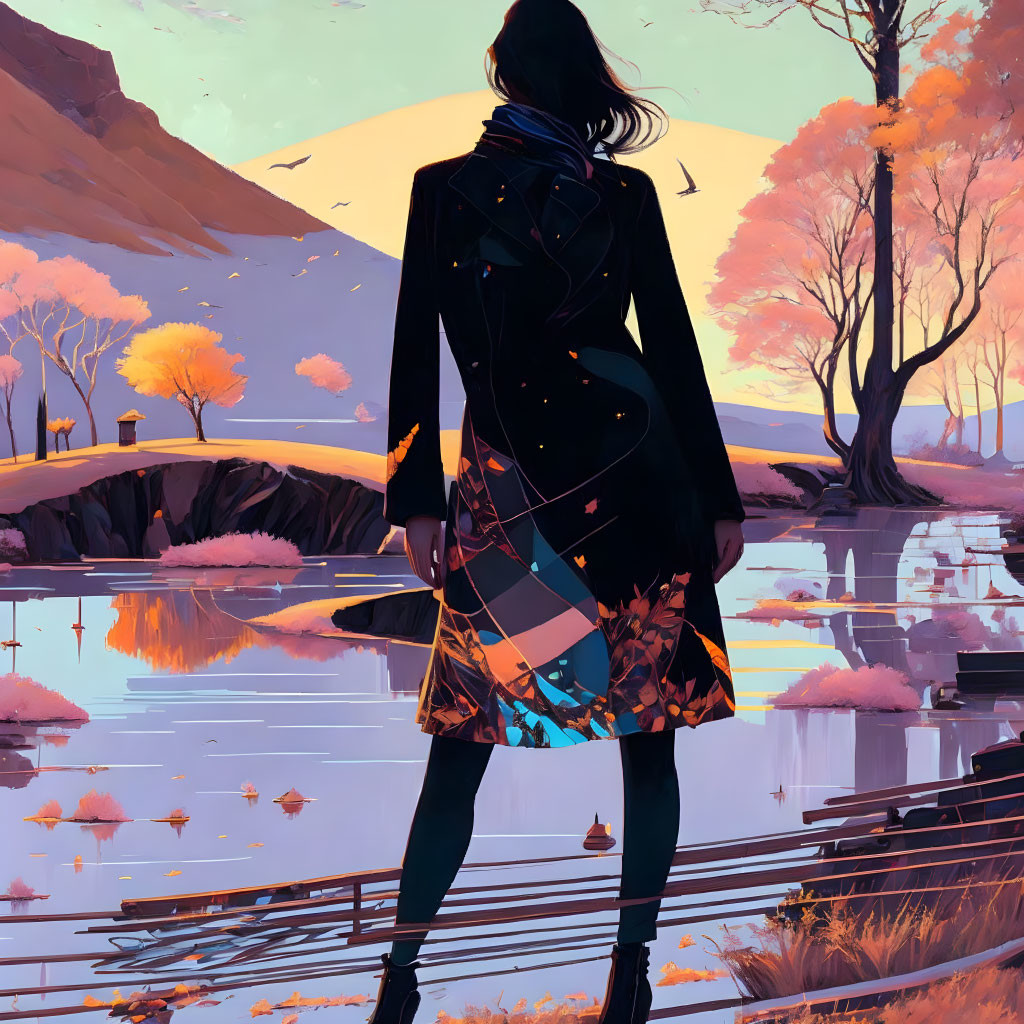 Stylized illustration of woman on bridge in autumn landscape