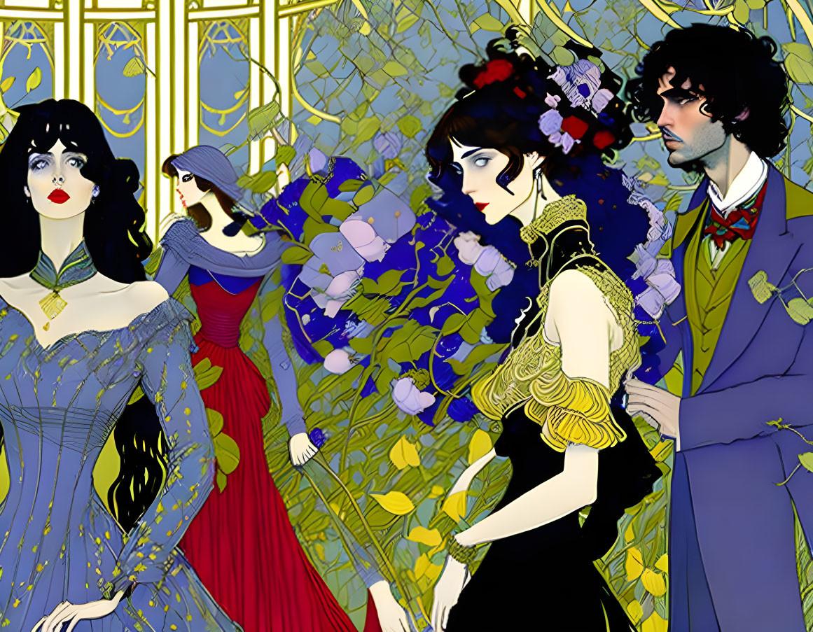 Art Nouveau illustration with elegantly dressed figures in ornate floral backdrop