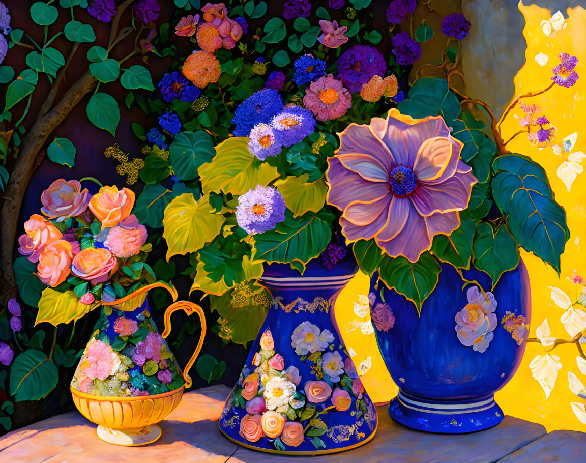 Colorful Flower Paintings in Vases on Vibrant Background