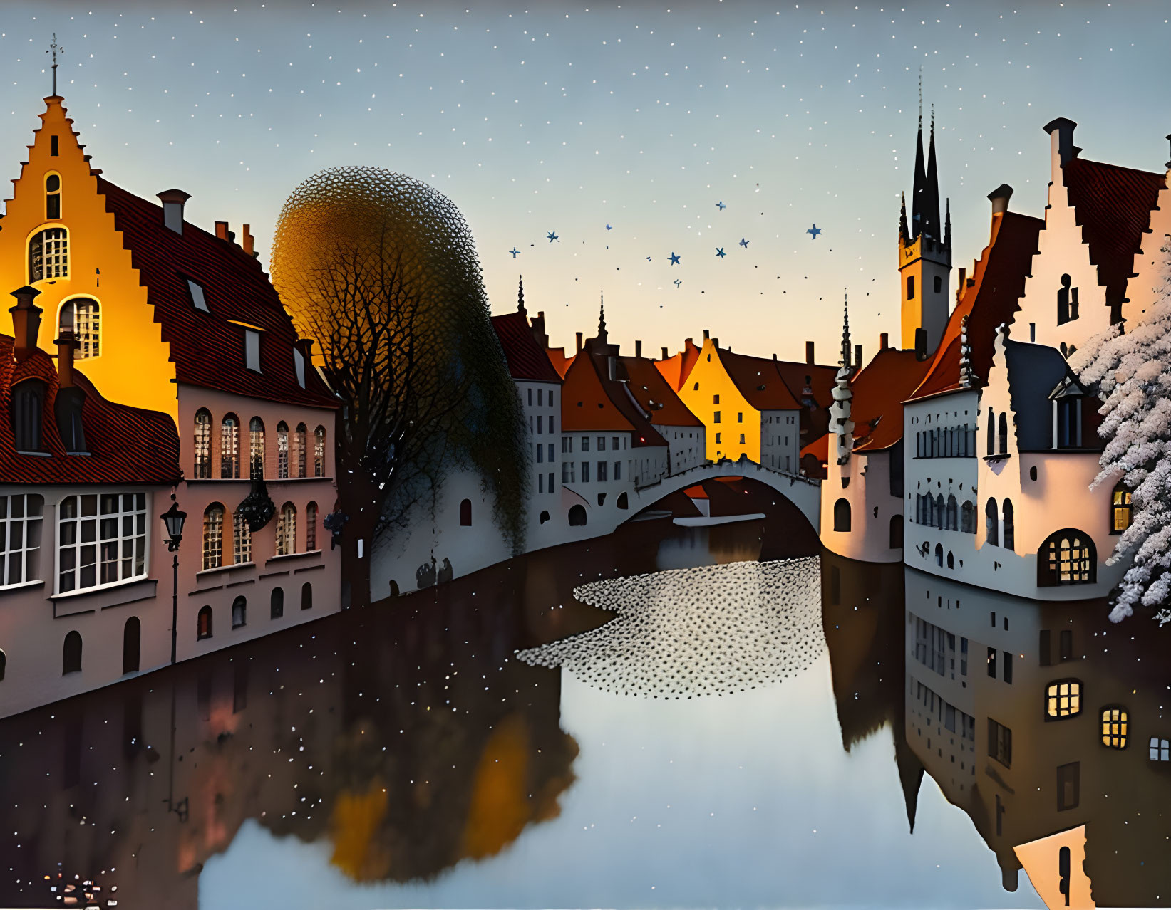 Tranquil European town at twilight with starlit sky and river reflection