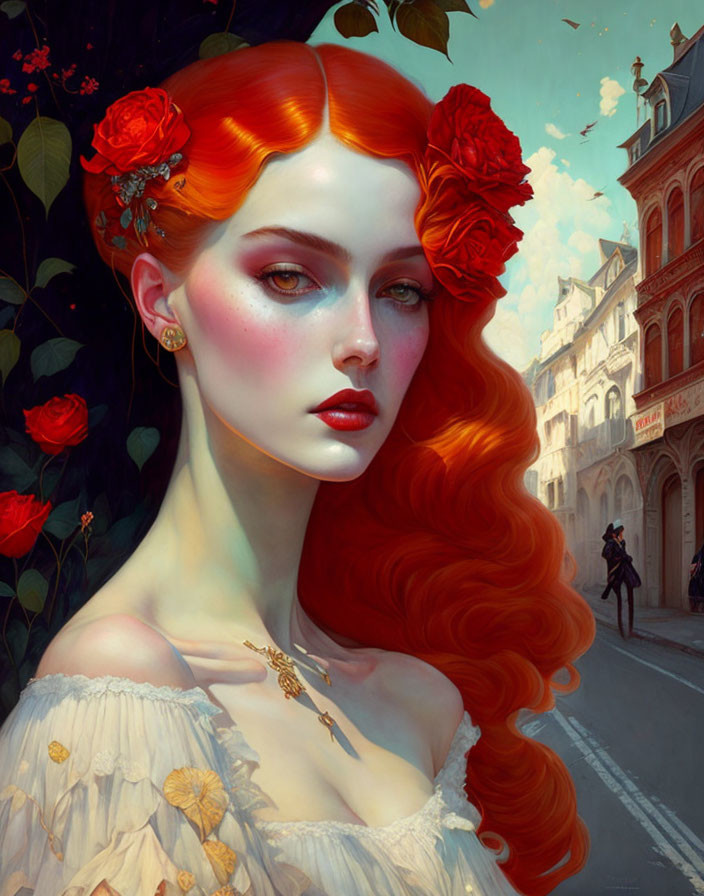 Portrait of Woman with Red Hair, Roses, White Dress, Gold Jewelry, European Street Backdrop