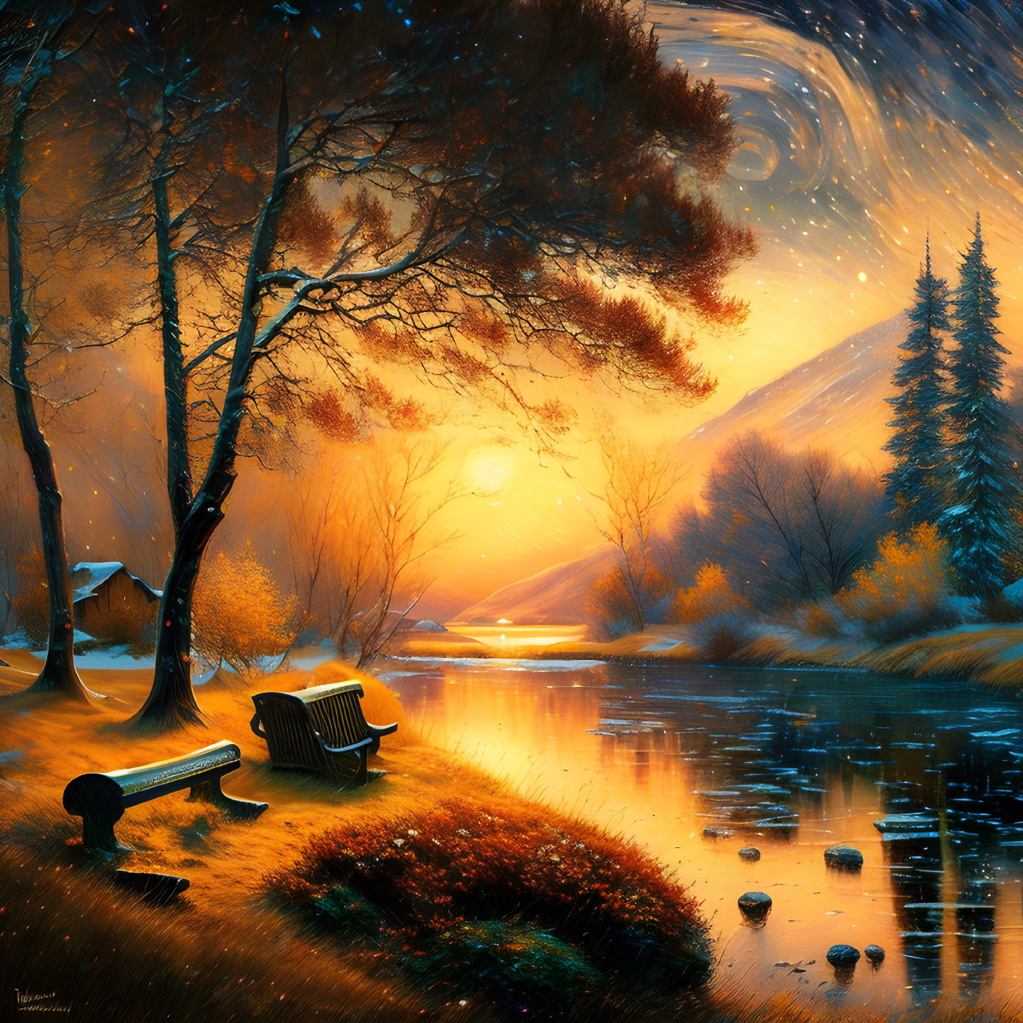 Serene autumn landscape with trees, river, benches, and starry sky