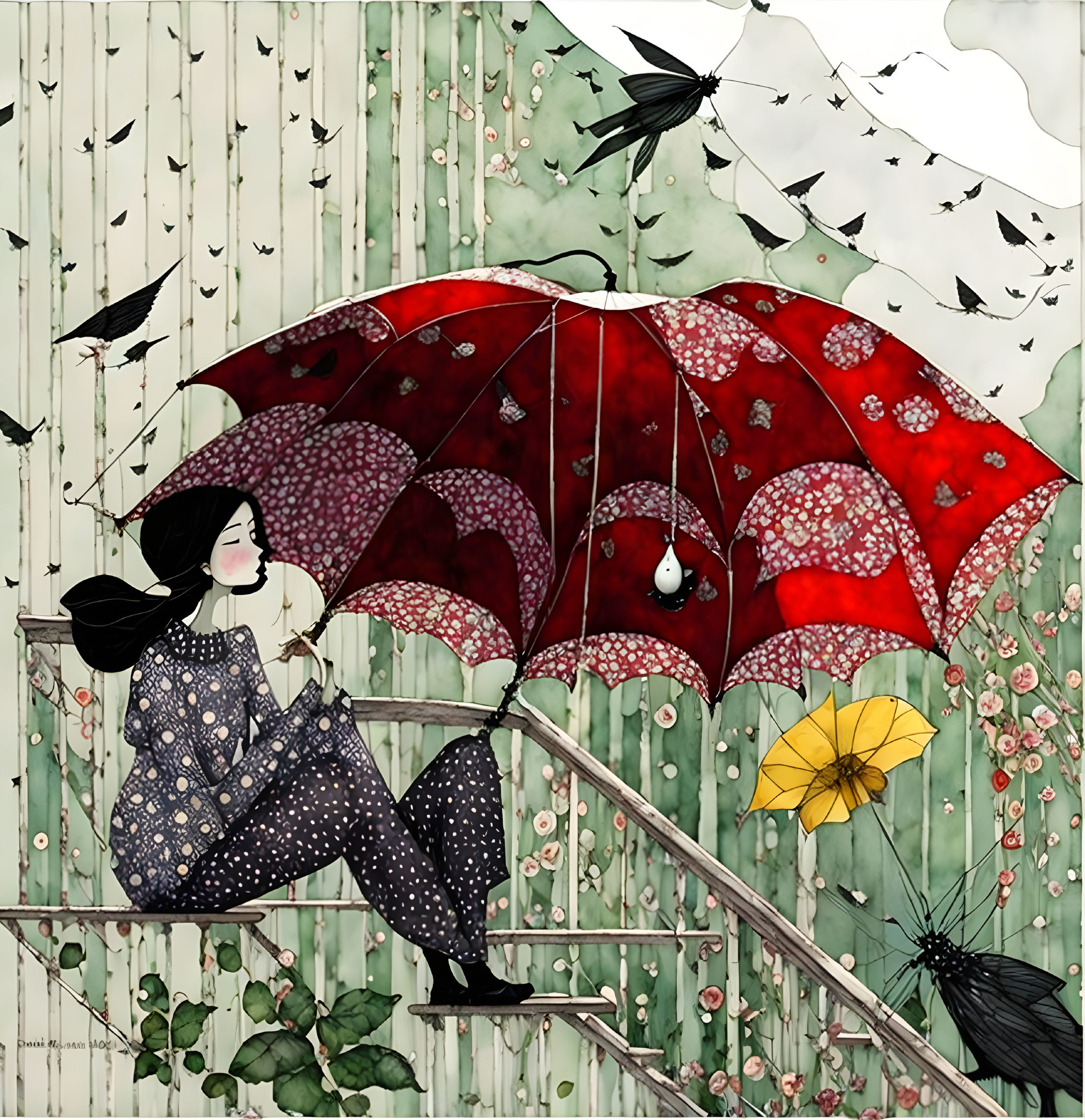 Illustration of woman with red umbrella on branch, birds, dreamlike backdrop