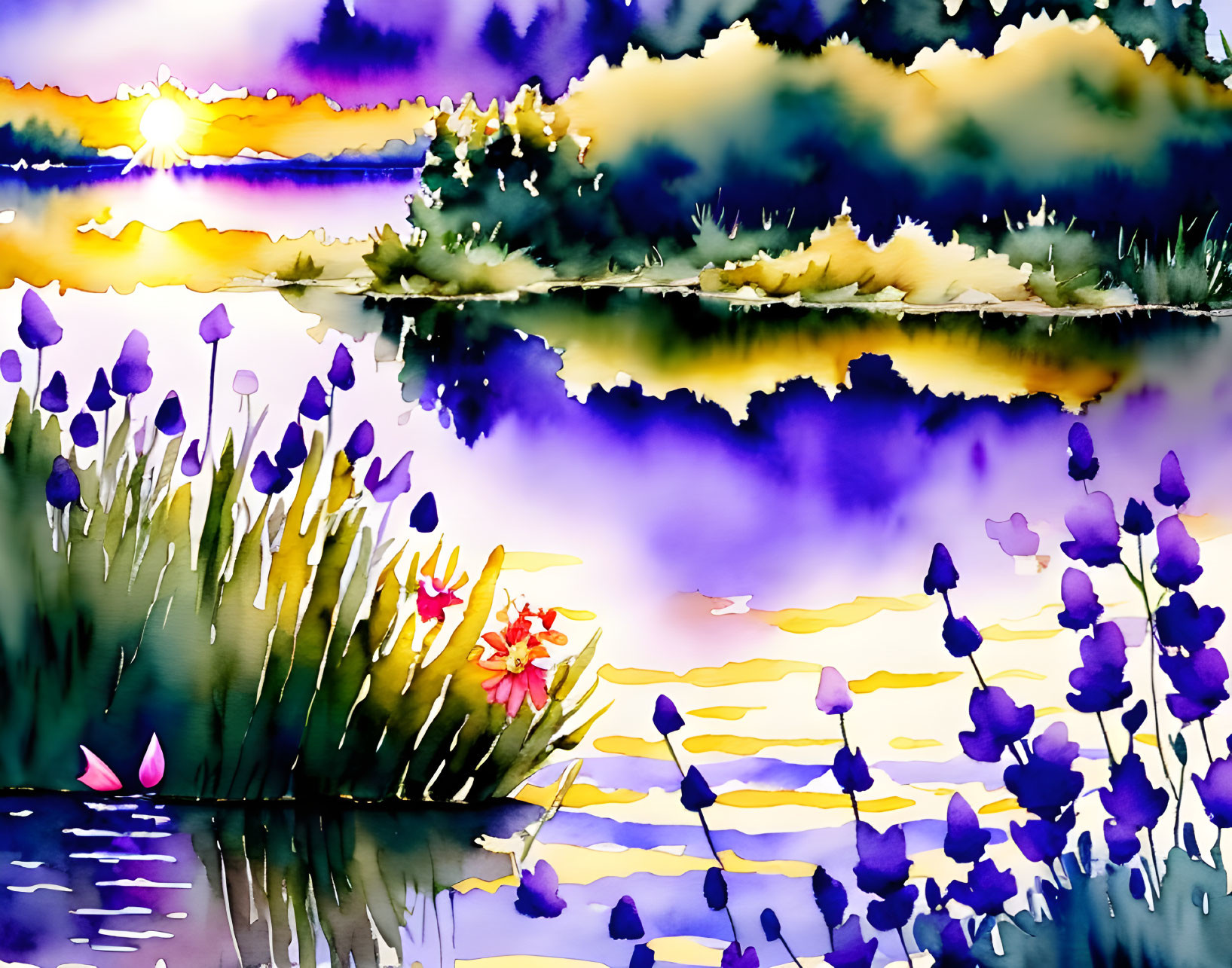 Serene lakeside sunset watercolor painting with purple flora