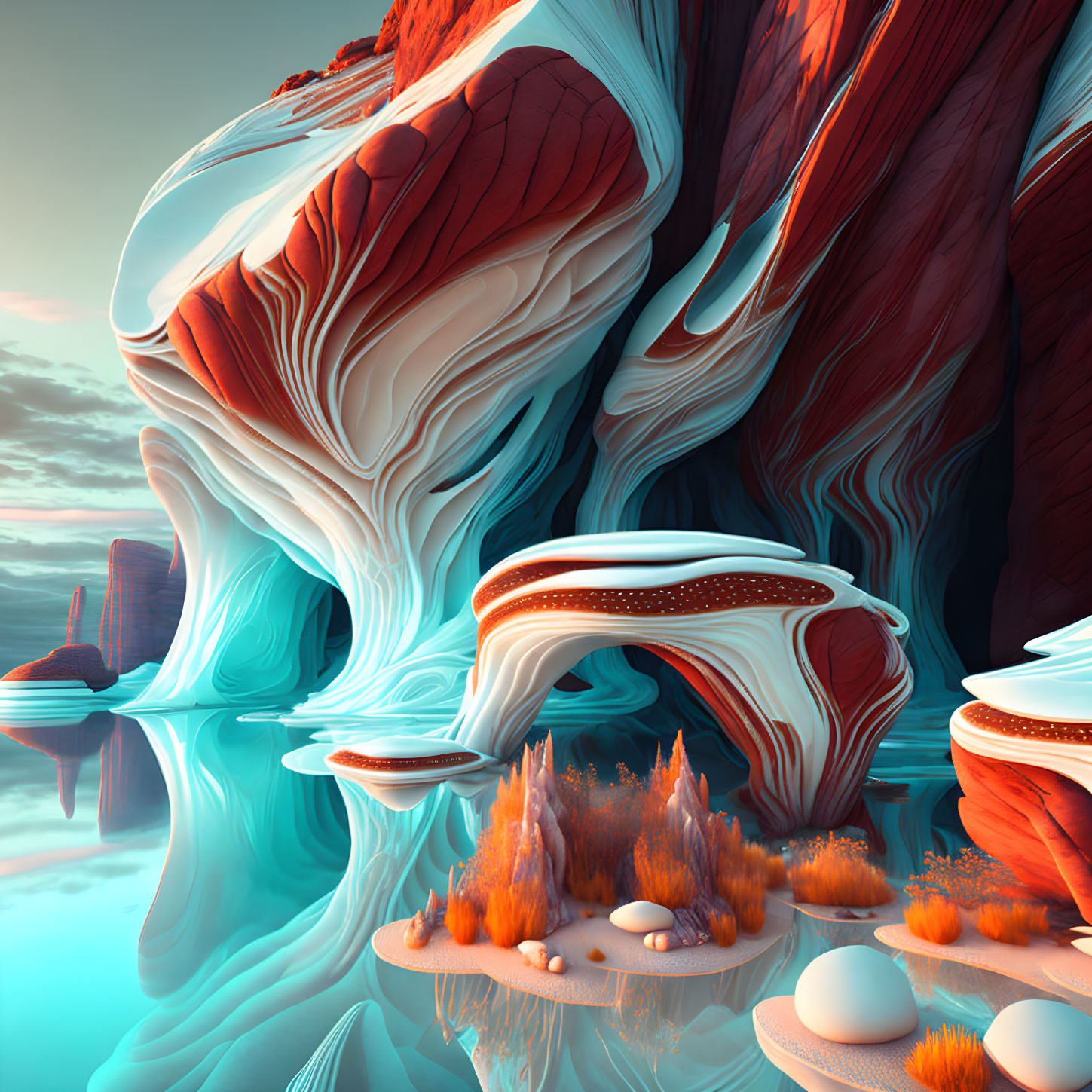 Layered Red and White Rock Formations in Surreal Landscape