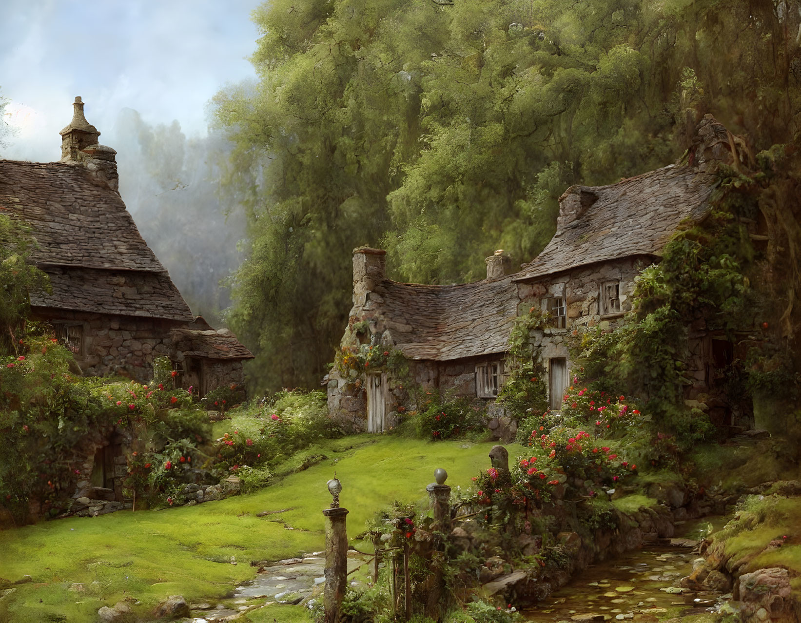 Thatched roof stone cottages in lush greenery with brook and mist.