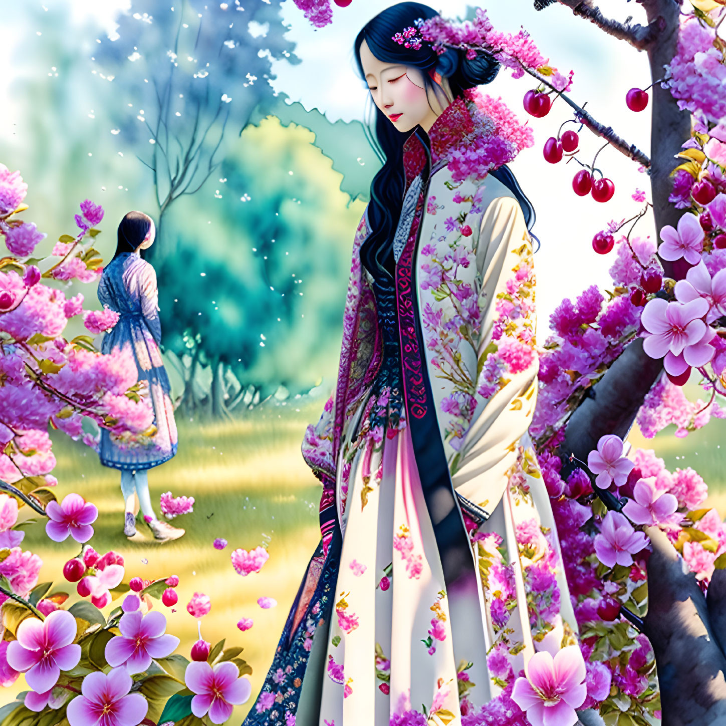 Traditional Asian clothing women in vibrant garden with pink flowers and red berries.