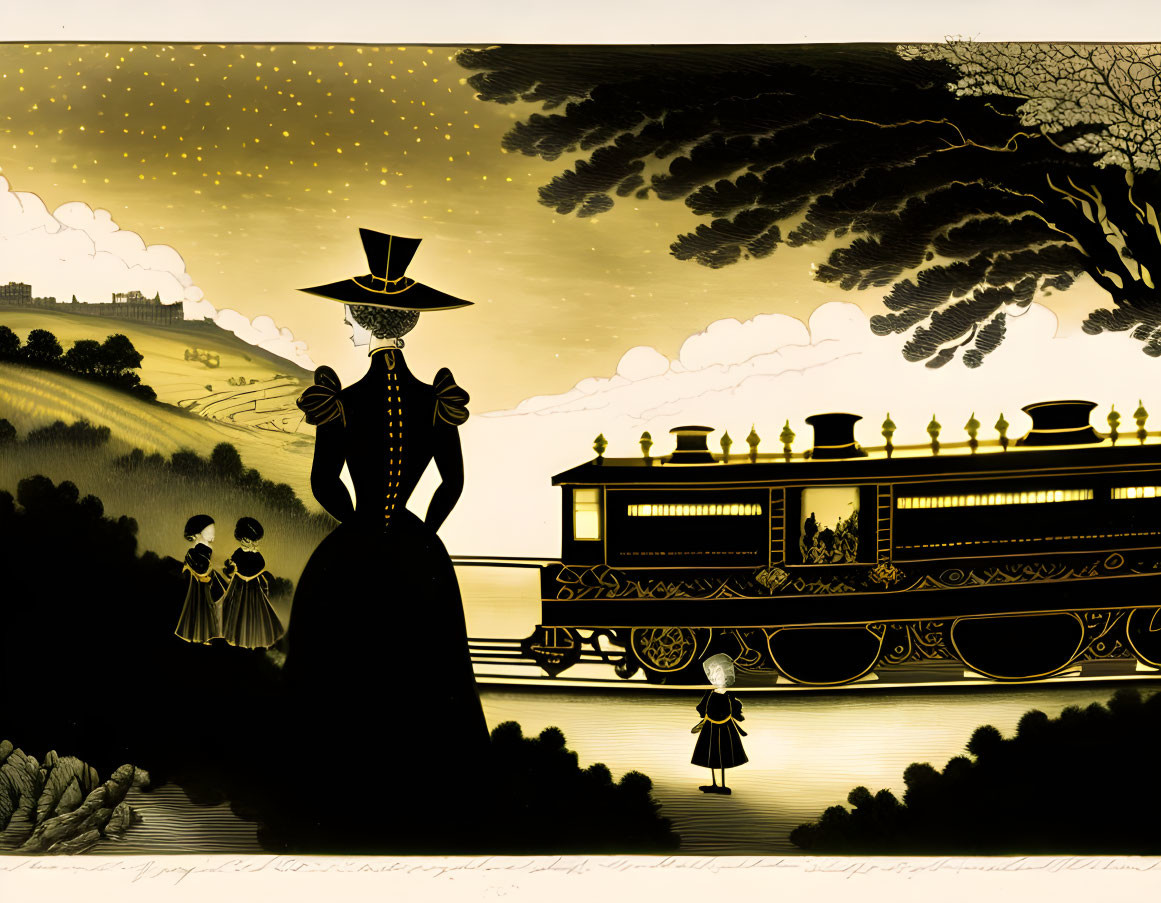 Silhouette of elegantly dressed person watching train in vintage-style illustration