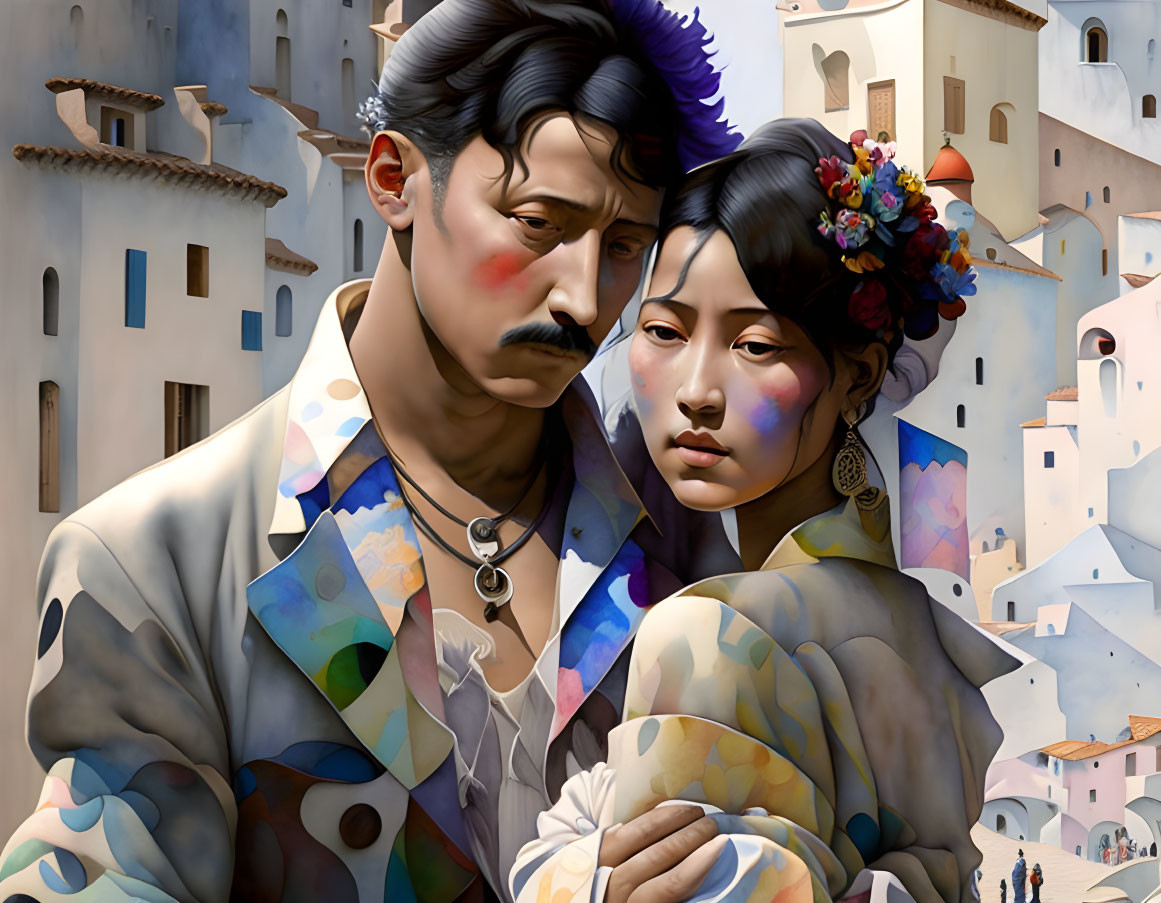 Colorful painting of man and woman in patterned attire against old town backdrop