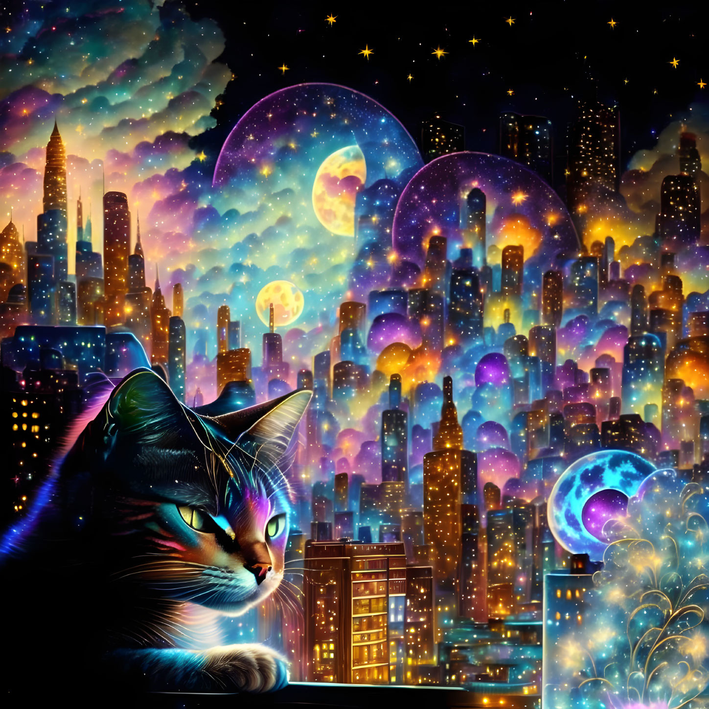 Colorful illustration of large cat with cosmic cityscape background