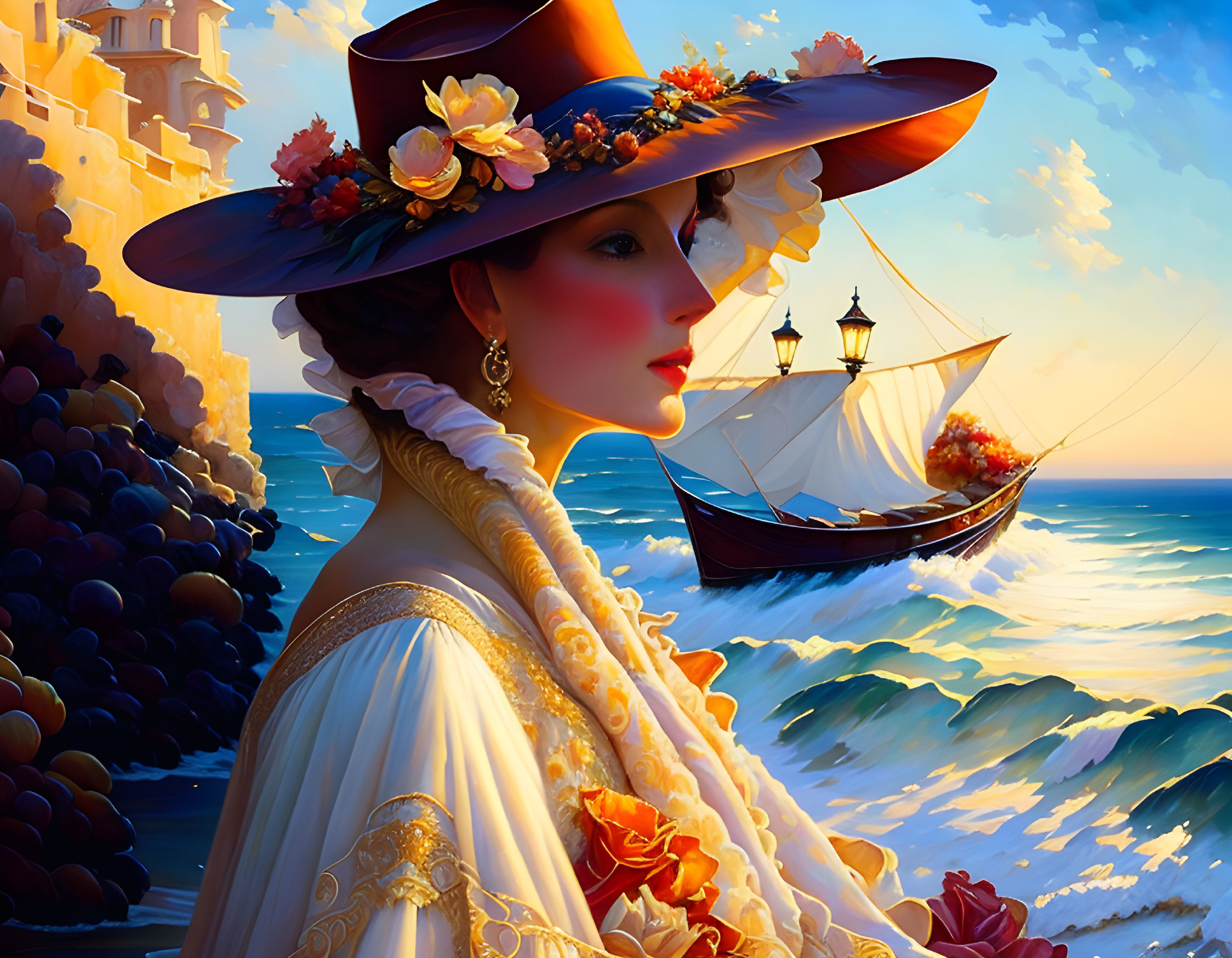 Colorful illustration: lady in floral hat admires ship at sea against coastal town at sunset