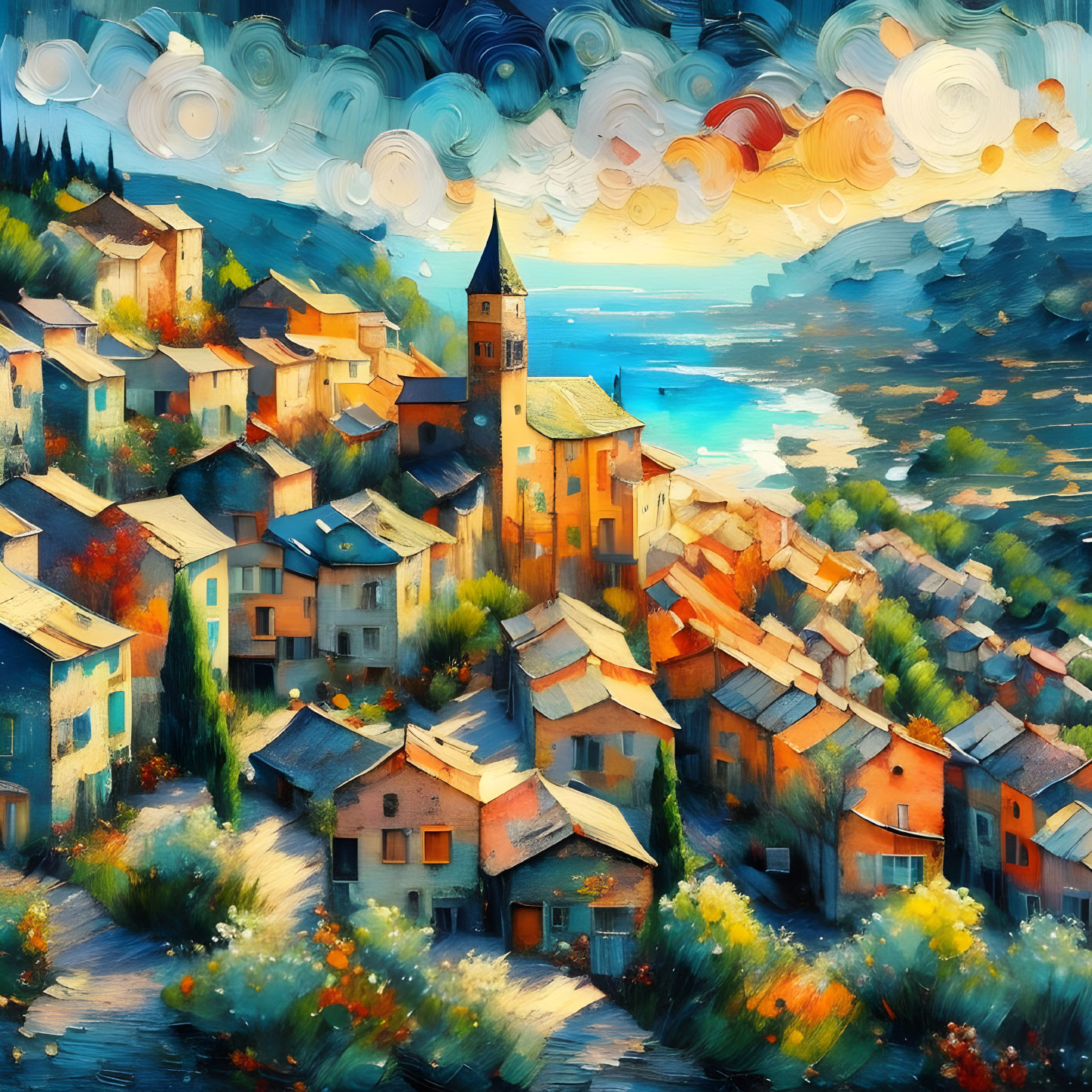 Colorful impressionistic painting of coastal village with church spire and swirling sky