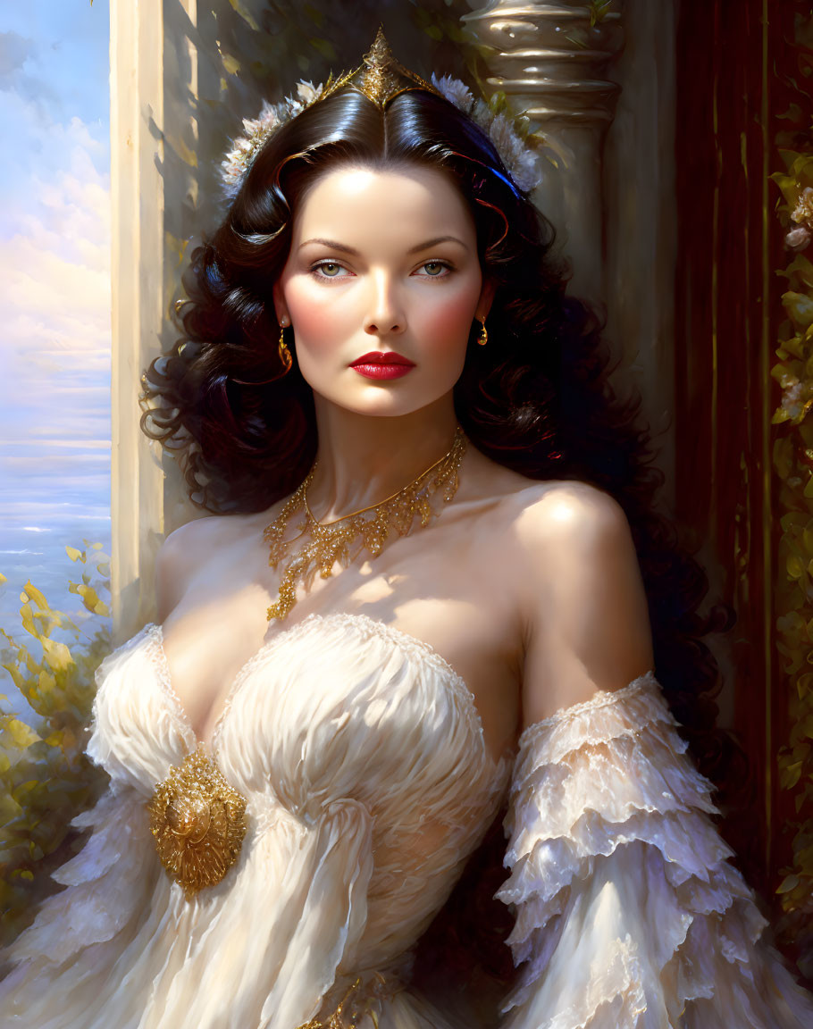 Dark-haired woman in white dress with gold accessories by sunlit column