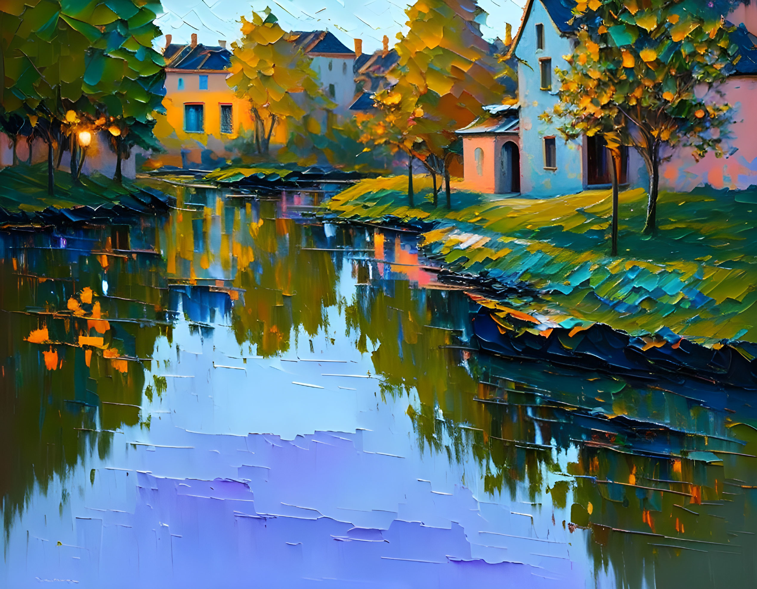 Tranquil river scene at dusk with textured brushstrokes