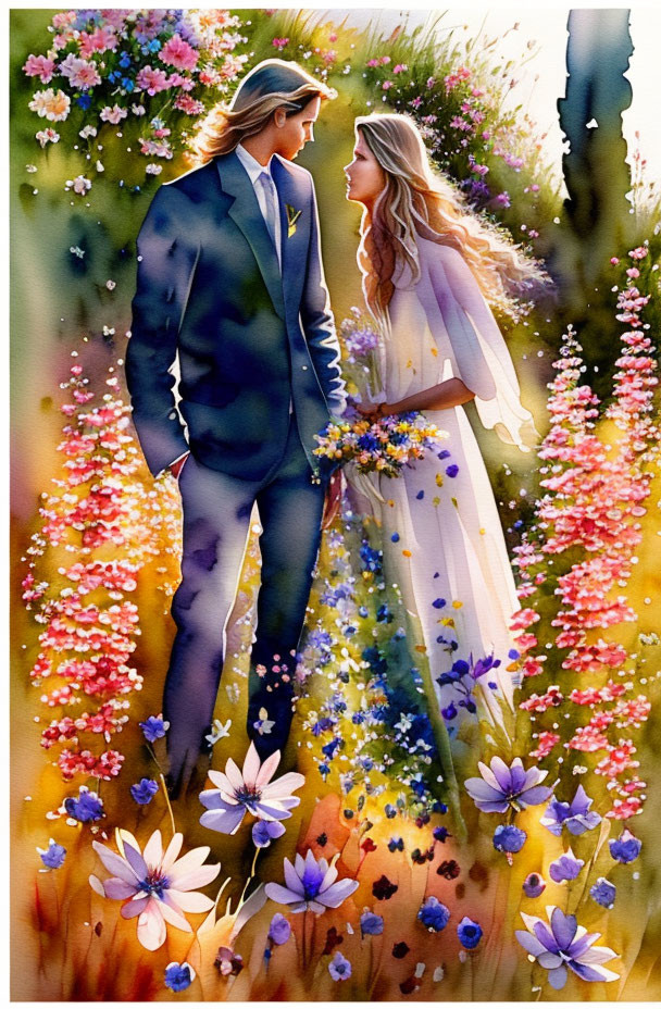 Couple in formal attire surrounded by lush flowers in watercolor style