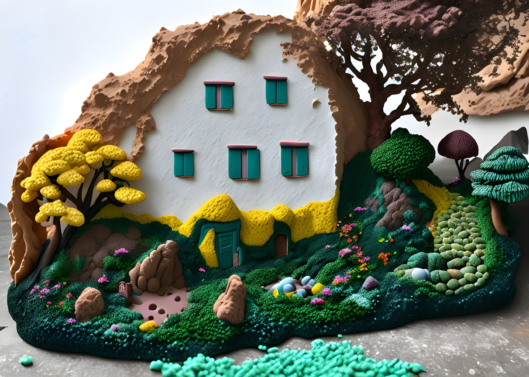 Colorful Fairytale Landscape with Stylized House and Vibrant Nature