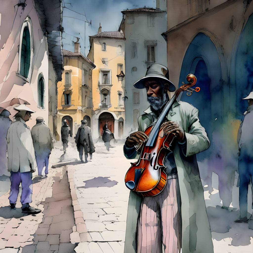 Bearded street musician plays violin in old European town square